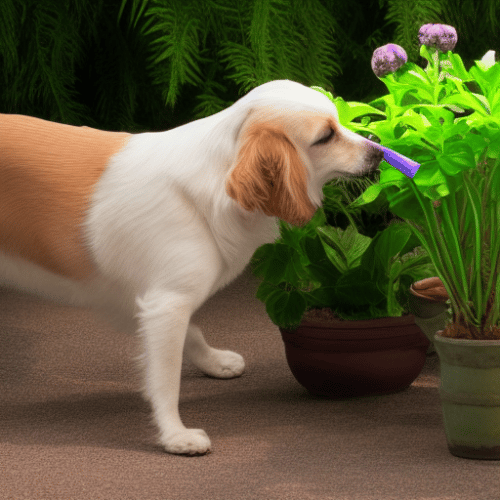 A dog sniffing a plant in the garden