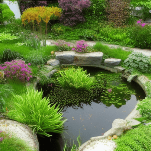 small garden pond with lots of plants