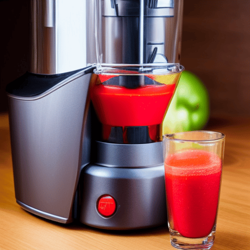 a juicer and a glass of watermelon juice