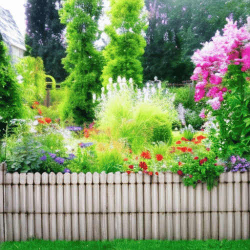 a lush garden with a small fence