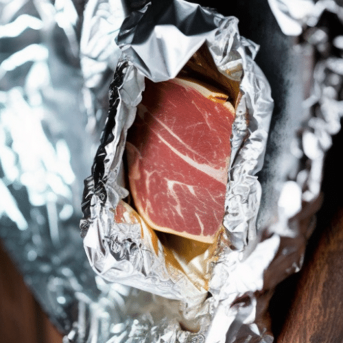 raw pork in aluminium foil